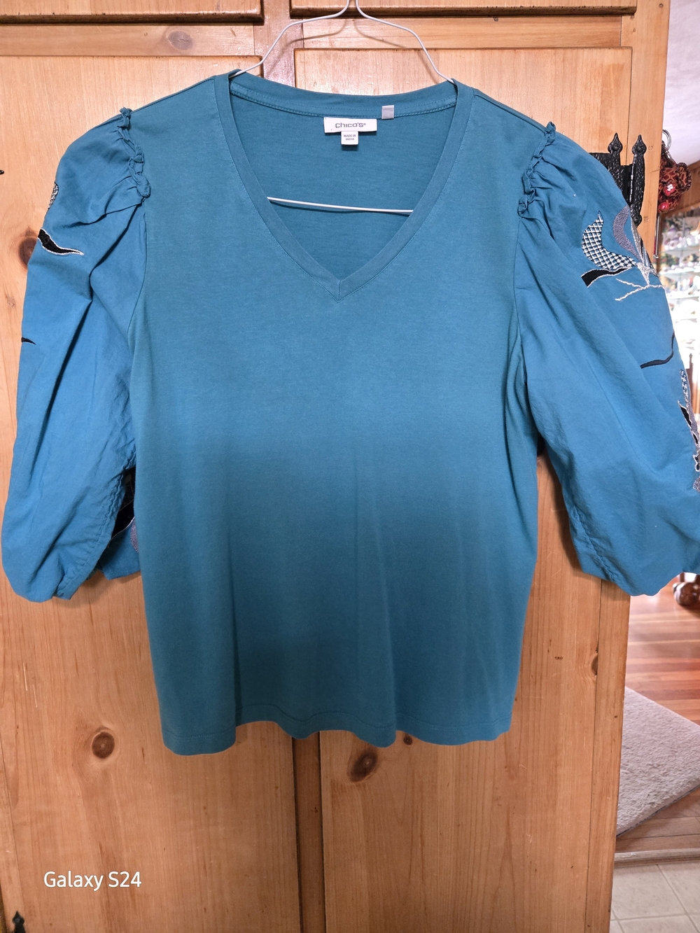 Chico's Teal V-Neck Puff-Sleeve Top